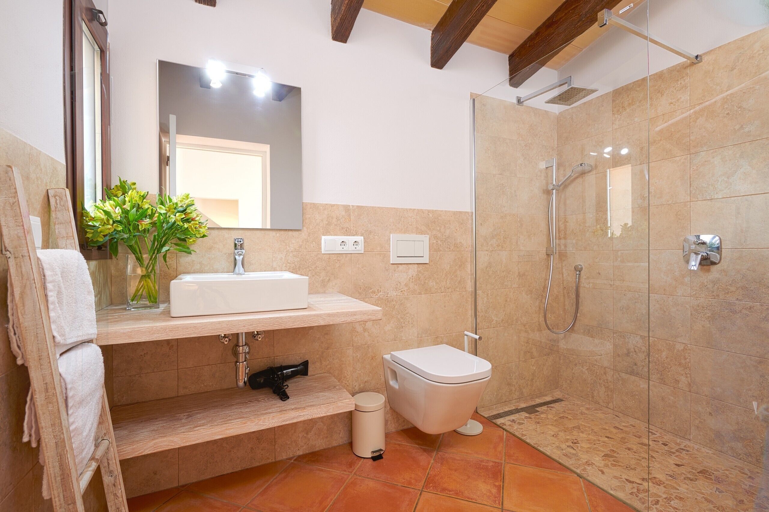 A bathroom with a sink, mirror, toilet, shower, and a plant on the vanity.