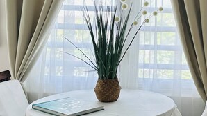 A room with a round table, a book titled "COST ANALYSIS," and a potted plant with long green leaves and white flowers. -  Pelican Key Studio-pool, near the beach. The best area on Dutch side! (Pelican Key)