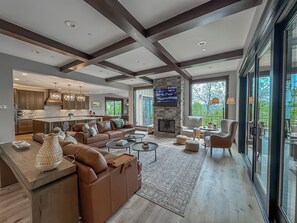 Smart TV, fireplace, foosball