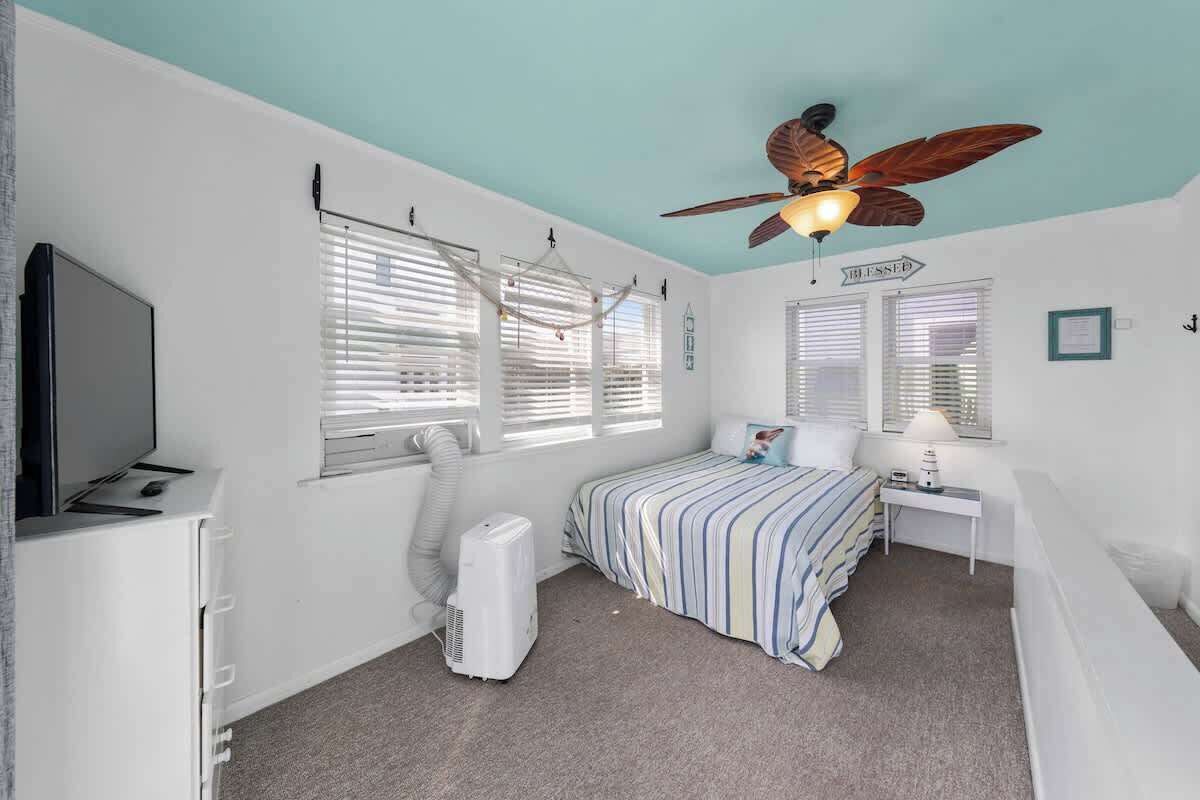 Un dormitorio con cama, ventilador de techo, televisor y calefactor.
