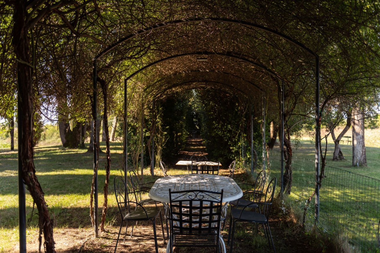 Un espace extérieur abrité, avec une table et des chaises, entouré d’arbres et d’une clôture.