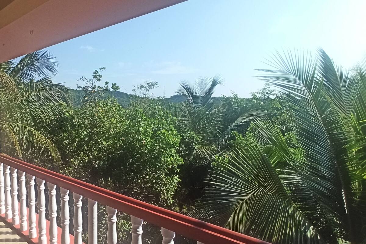 Ein Balkon mit roter Geländer, der auf eine üppige grüne Landschaft mit Palmen und sanften Hügeln blickt.