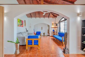 Smart TV, fireplace, books, stereo