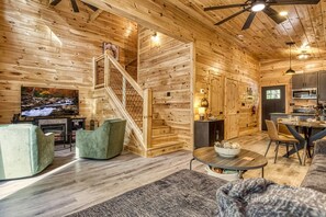 Smart TV, fireplace, DVD player, books