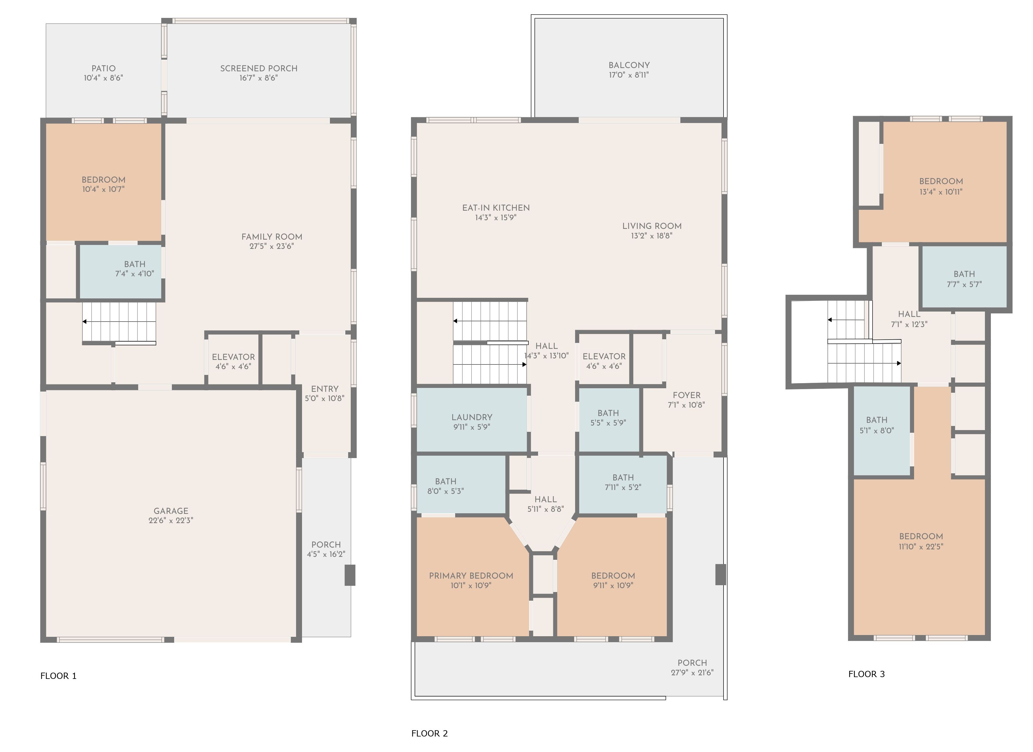 Grundriss einer dreigeschossigen Wohnung mit Terrasse, Windfang, Balkon, Familienzimmer, Wohnzimmer, Küche, Essbereich, zwei Bädern, zwei Schlafzimmern, einer Diele, zwei Fluren, einer Garage und einem Vorhaus.