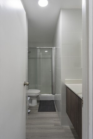Shower, hair dryer, towels, soap