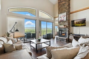 Smart TV, fireplace, books, offices