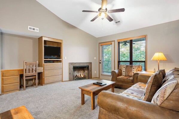 Smart TV, fireplace, DVD player