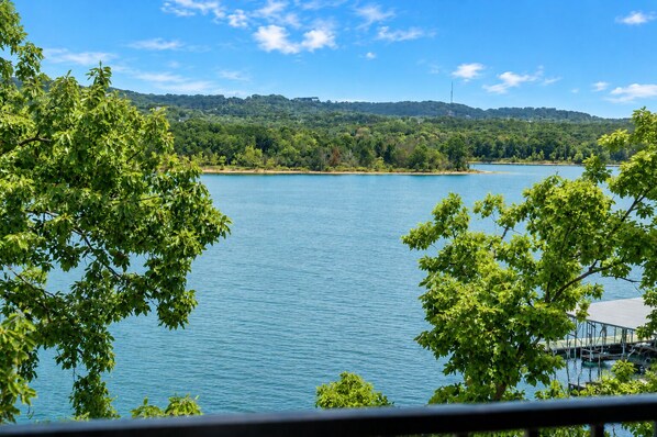 Un lac, avec des arbres au premier plan et des collines en arrière-plan.