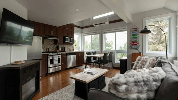 A modern kitchen with stainless steel appliances, a dining area with a table and chairs, a sofa with a fluffy throw, and a large window with a view of trees.