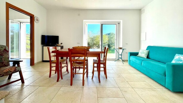 Un vaste espace de vie comprenant une table à manger, des chaises, un canapé et un téléviseur.