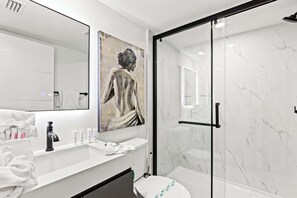 Douche, séchoir à cheveux, serviettes fournies