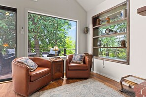 Smart TV, fireplace, books, stereo