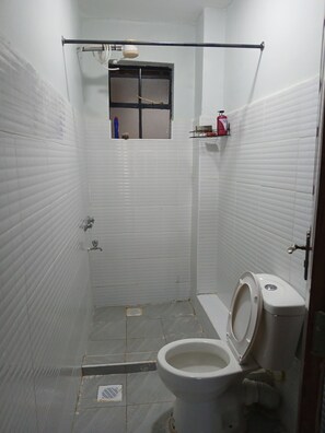 Shower, towels, soap, toilet paper