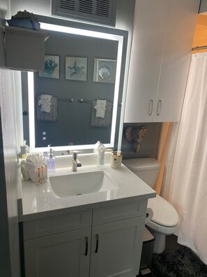 Douche, sèche-cheveux, serviettes fournies, savon