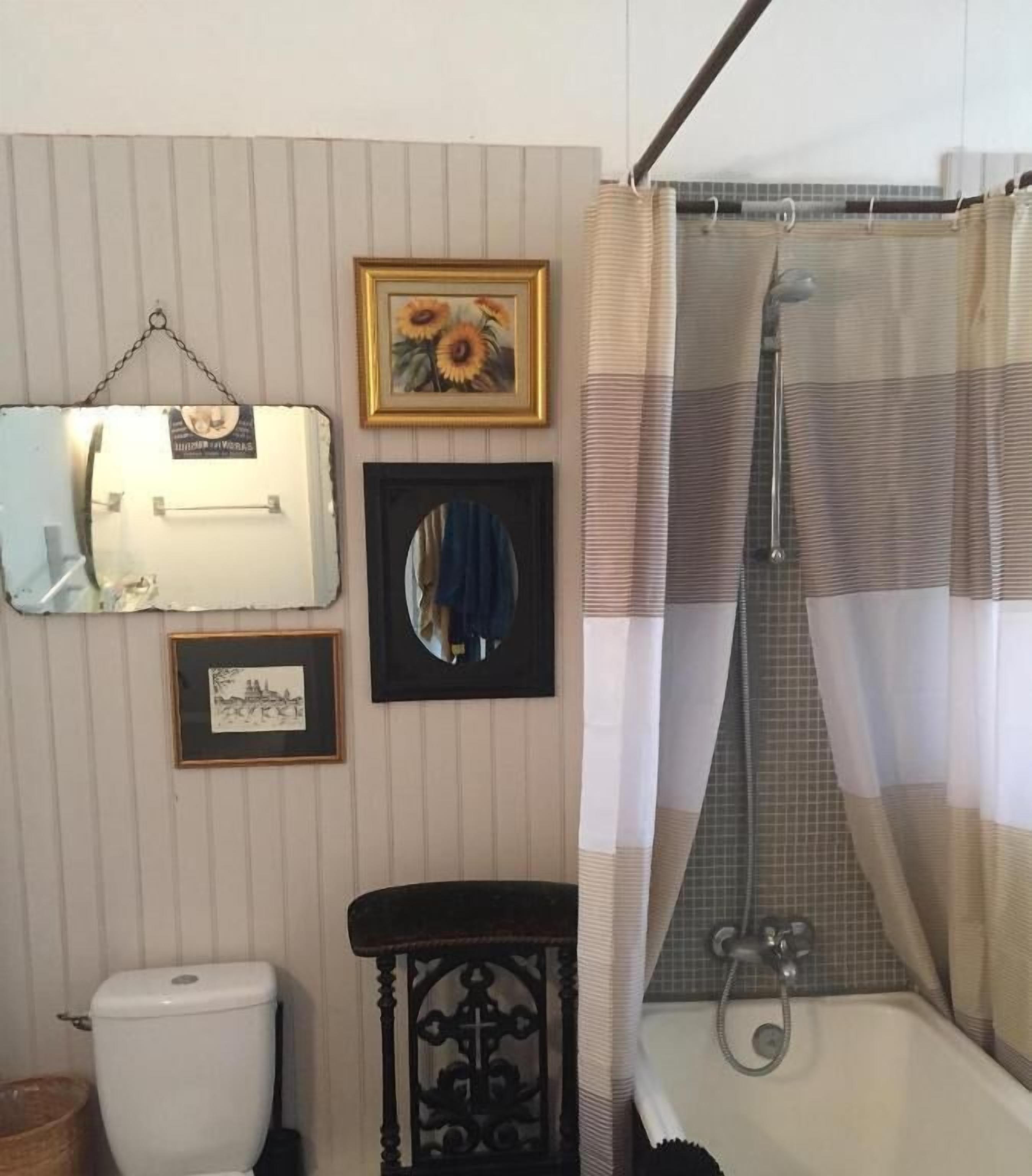 A bathroom with a toilet, a sink, a mirror, and a shower.