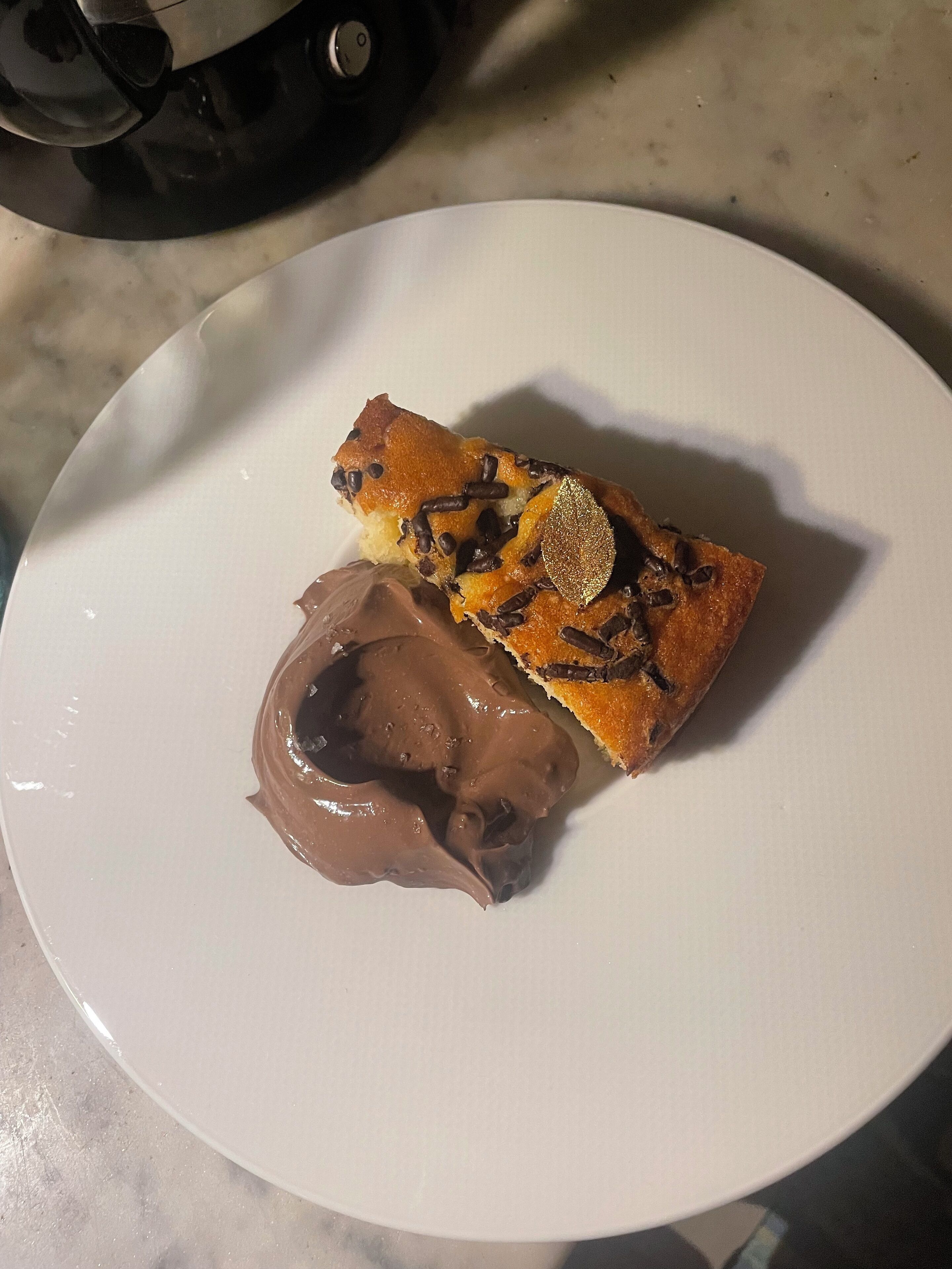 A white plate with a piece of cake and a scoop of chocolate ice cream.