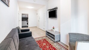 A living room with a grey sofa, a red patterned rug, a grey console table with a vase, and a TV mounted on the wall. - Aldars Urban Trio Suite No. 9 with Wi-Fi and Air Conditioning (München)