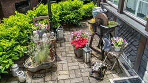 A garden with potted plants, a wooden chair, a lantern, and a statue. - Holiday Home 'Maag, 102qm' with Private Terrace and Wi-Fi (Attendorn)