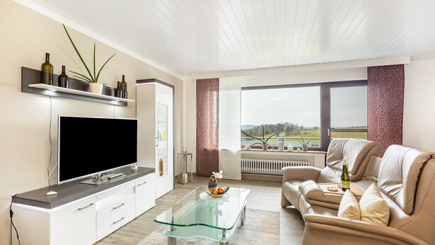 A modern living room with a flat-screen TV, a glass coffee table, a beige sofa, and a view of the outdoors through large windows. - Apartment 'Landblick' with Shared Garden, Balcony and Wi-Fi (Homberg (Efze))
