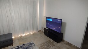 A living room with a flat-screen TV on a stand, a grey sofa, and a patterned rug.