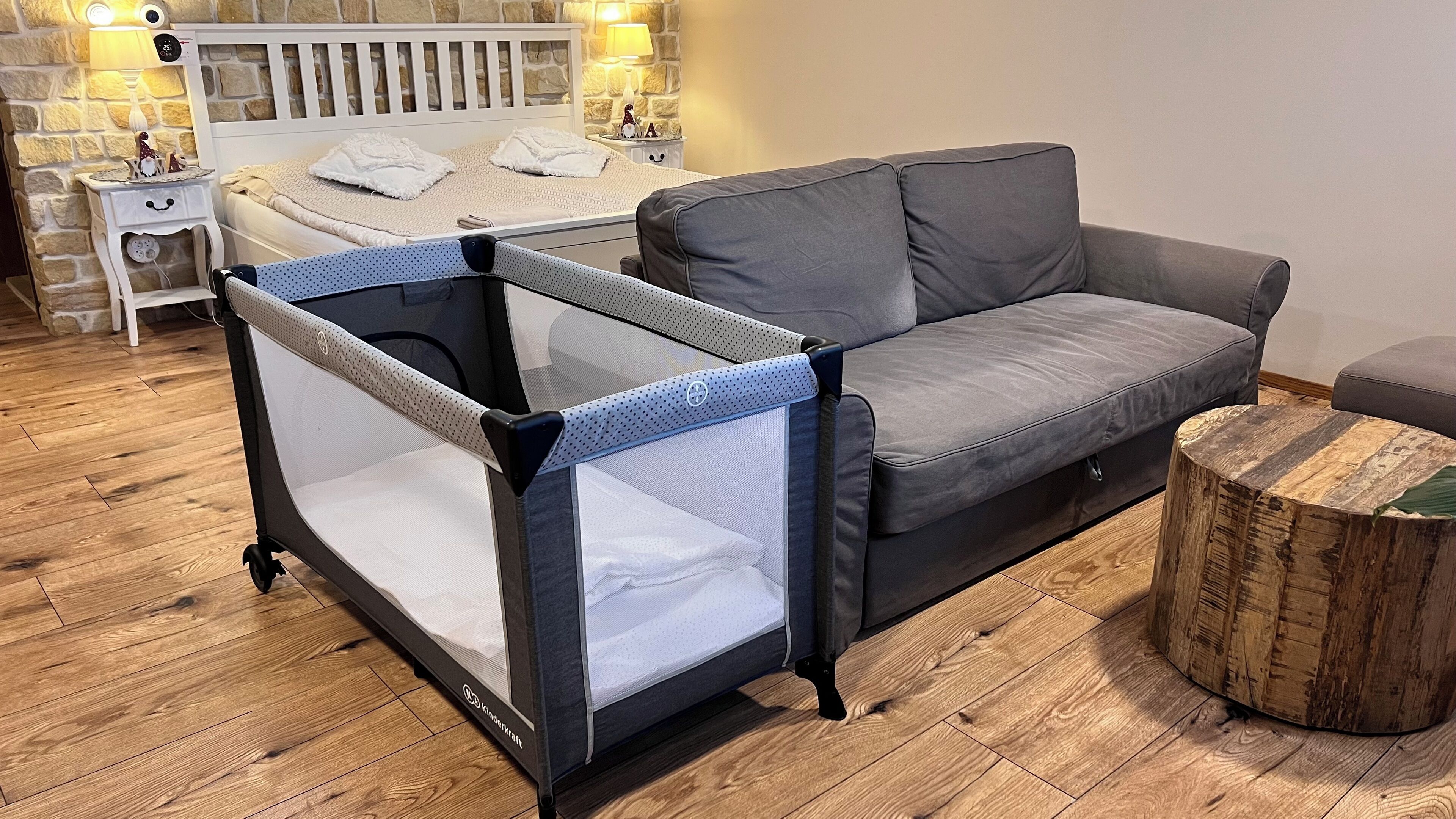 1 bedroom, desk, iron/ironing board, travel crib