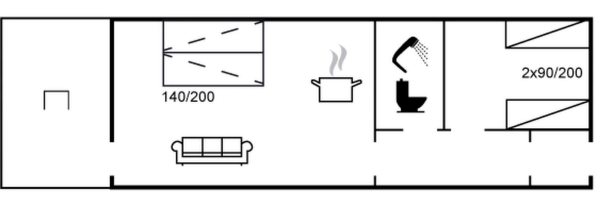 Plano de planta que muestra una kitchenette, un baño y una zona de estar.