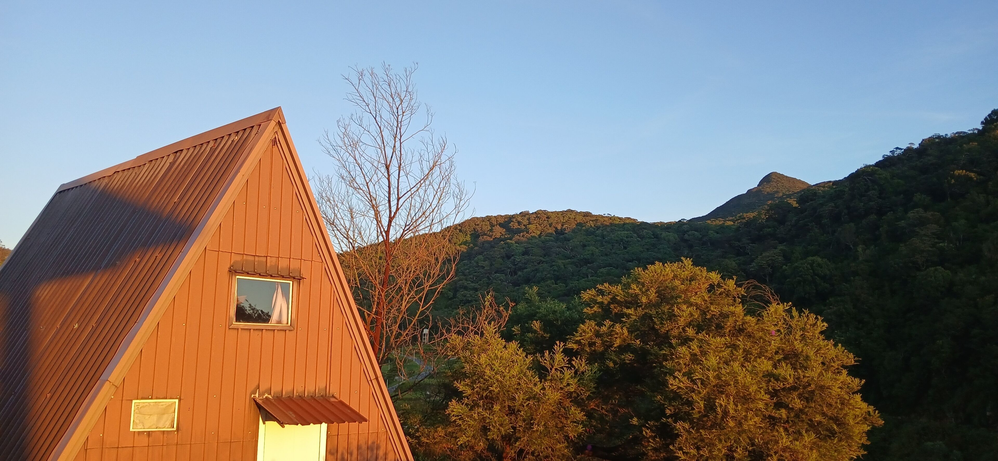 A wooden cabin with a triangular roof, a small window, and a door. It is surrounded by dense forest and hills in the background.