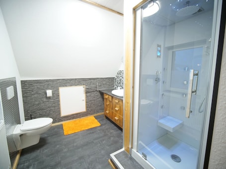 Shower, hair dryer, towels, shampoo. Cozy apartment for 4 people in Gruibingen