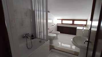 Bidet, towels, toilet paper