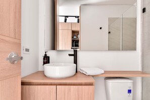 Shower, hair dryer, towels