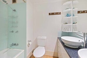Hair dryer, towels, soap, toilet paper