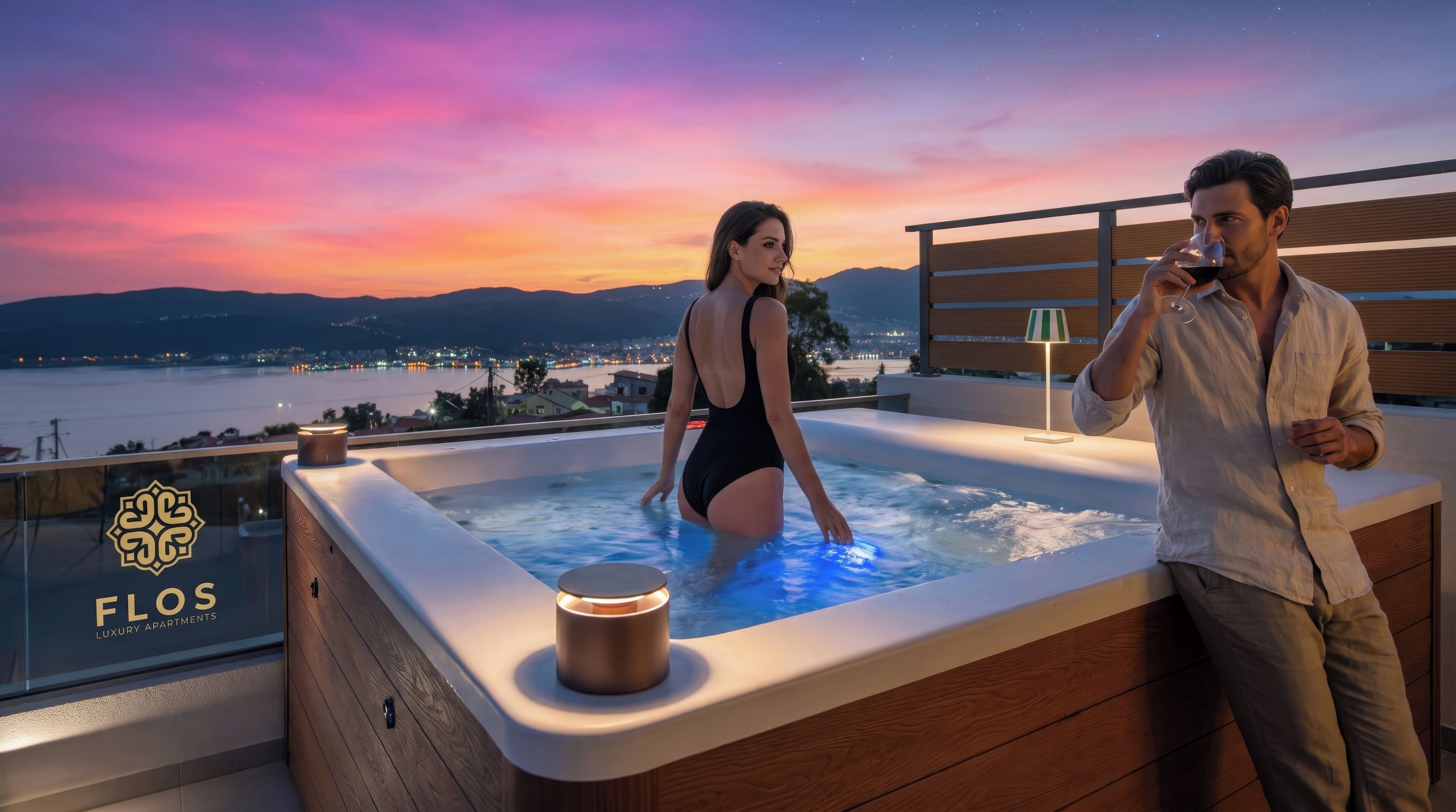 A couple in a hot tub with a cityscape view at dusk.