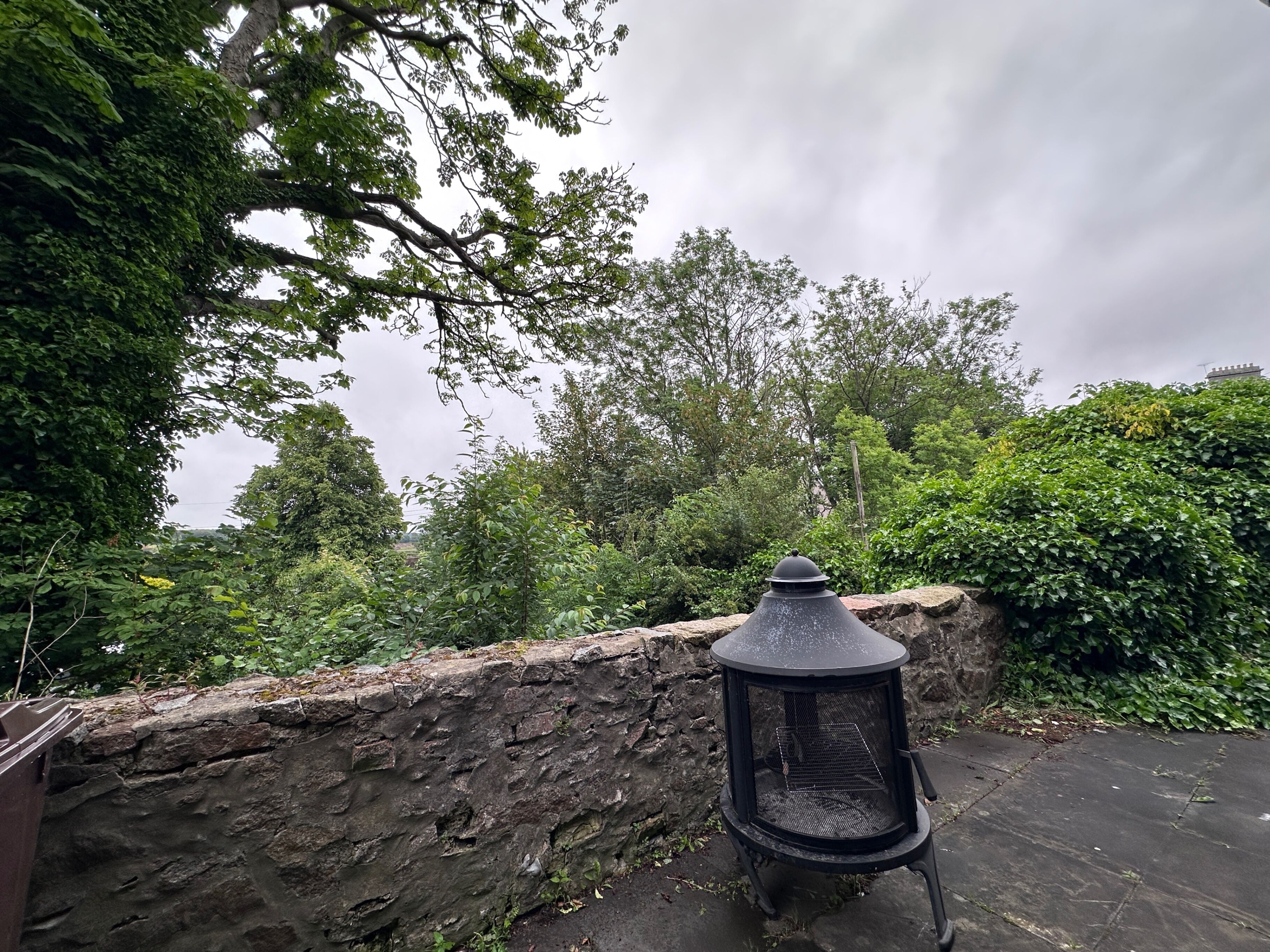 Un mur de pierre, une grille métallique et une vue sur les arbres et le ciel.