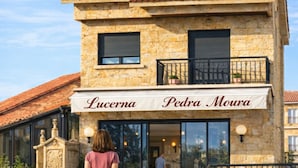 Un edificio de piedra con techo de tejas, un letrero que dice 'Lucerna Pedra Moura' y una estatua de perro en la fachada.