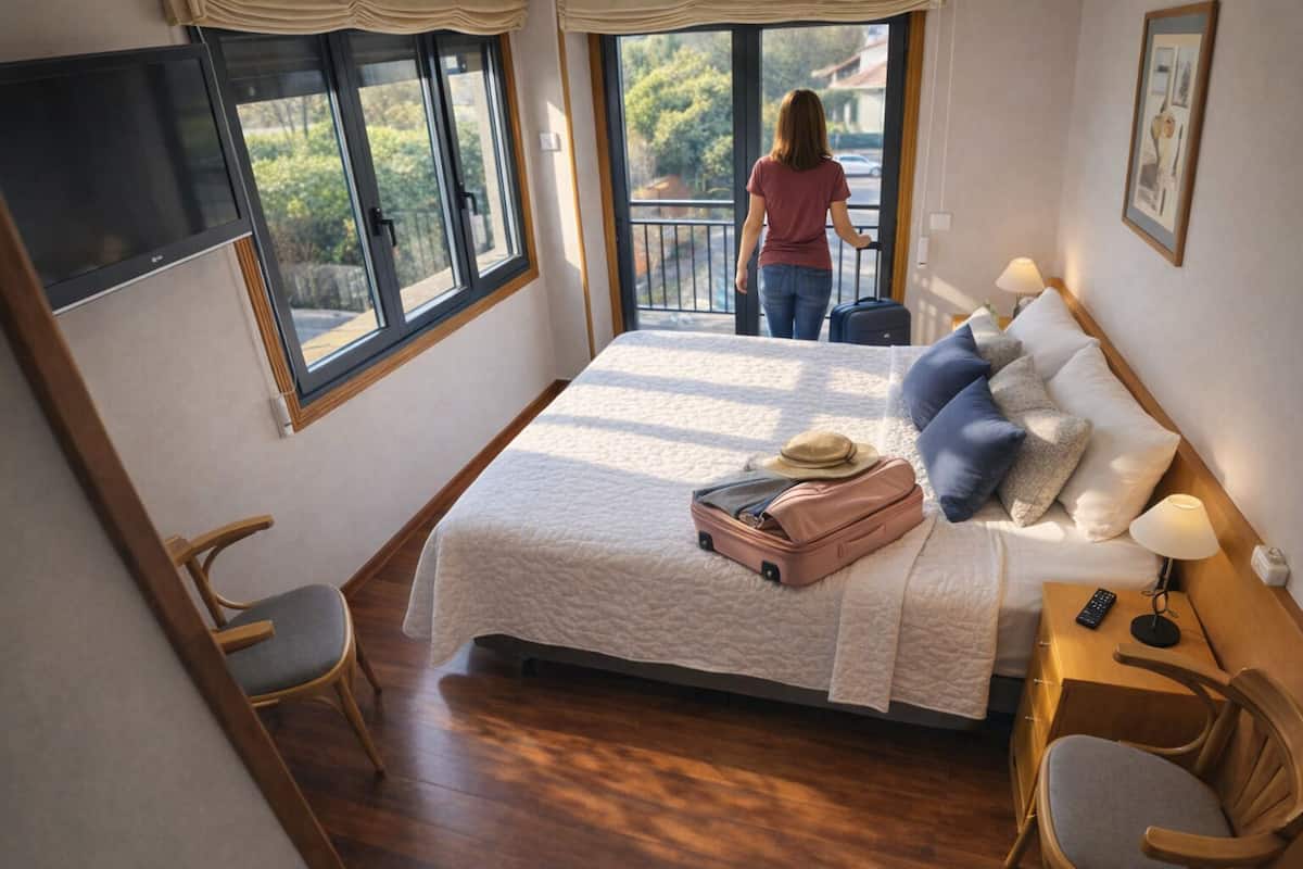 A bedroom with a bed, a suitcase, a hat, and a window overlooking a balcony.