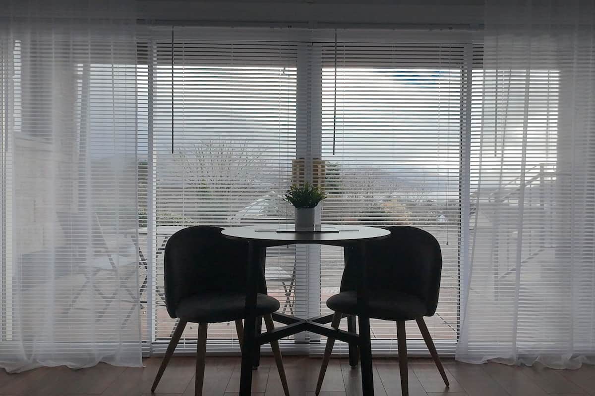 A room with a round table and two chairs, a potted plant on the table, and a view through large windows with blinds.