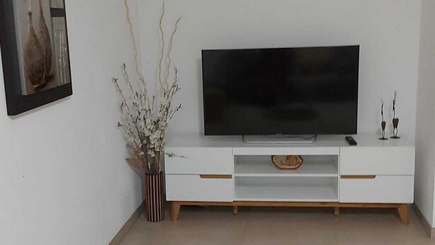 Un salon moderne avec un téléviseur à écran plat posé sur un meuble blanc, un tableau encadré accroché au mur et un vase avec des branches au sol.