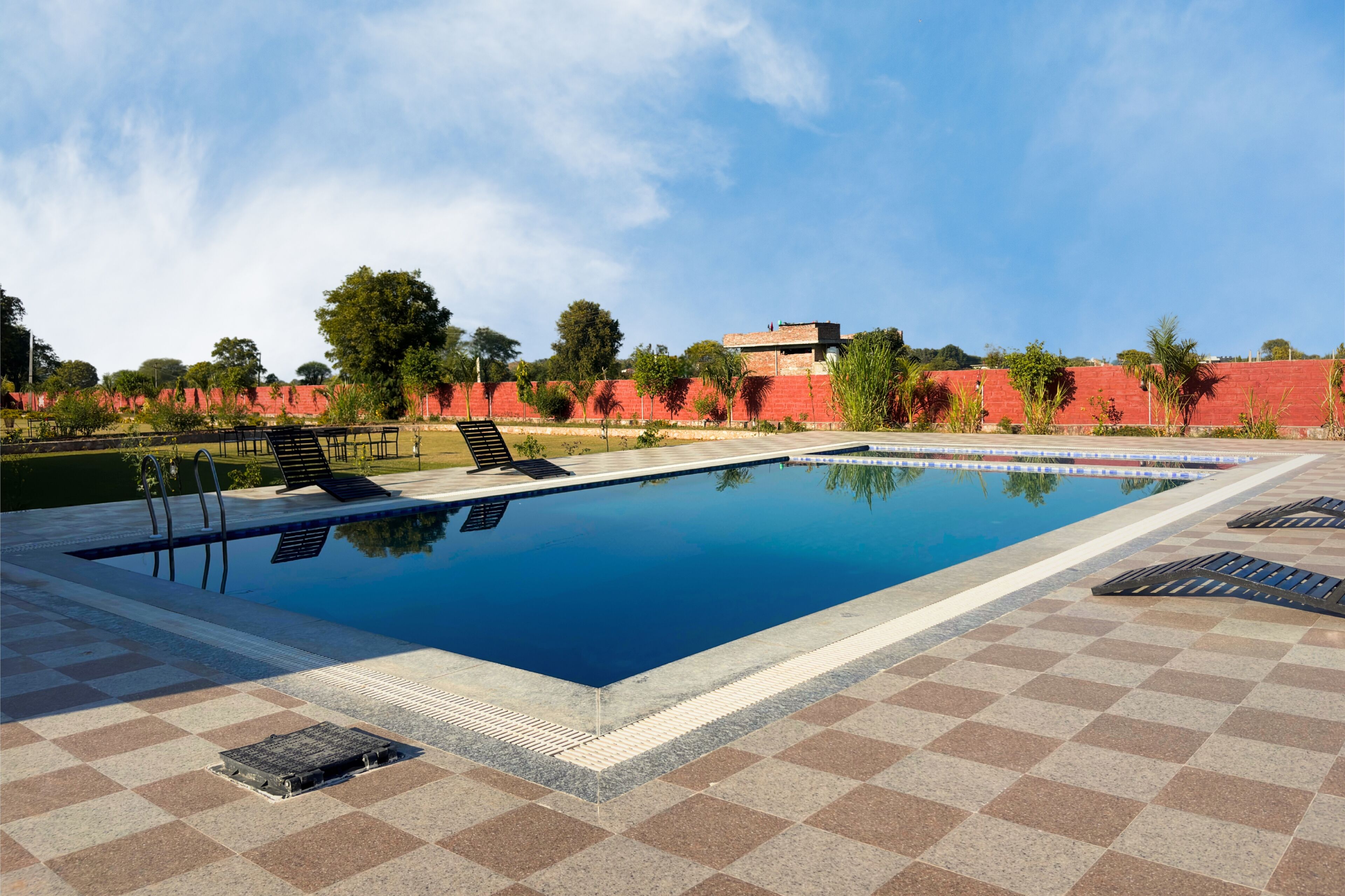 Una piscina rettangolare con bordo piastrellato, circondata da un muretto in mattoni e vegetazione.