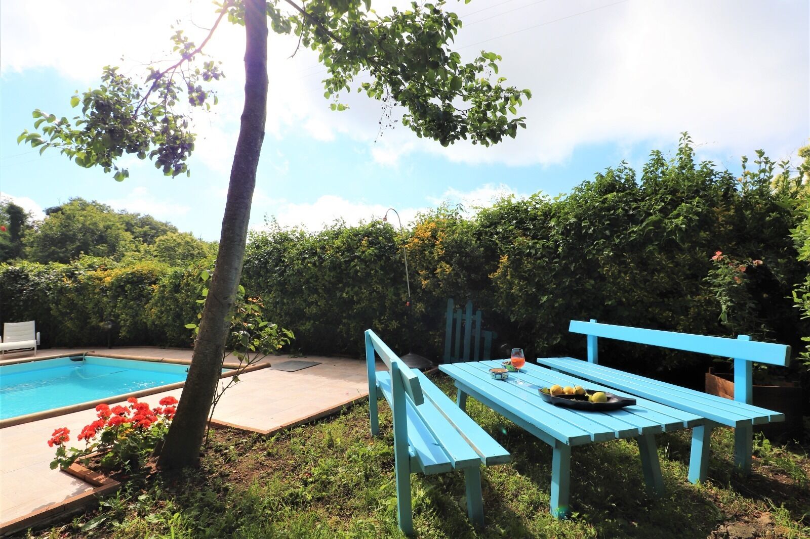 A poolside area with a blue table and benches, surrounded by greenery and a hedge.