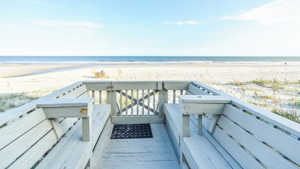 A wooden boardwalk leading to a beach with a clear view of the ocean. - Oceanfront 3 BR Condo with a Shared Pool! Sea Cloisters II 101B (Surfside Beach)