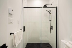 Shower, hair dryer, towels, shampoo