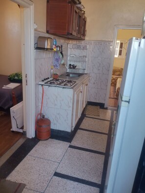 A compact kitchen with a gas stove, a refrigerator, and a sink.