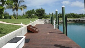 A wooden dock extending into a calm body of water, with a grassy area and palm trees on one side, and a stone wall on the other. - Charming 3-bedroom house with WiFi, Dockage, AC in West End (West End)
