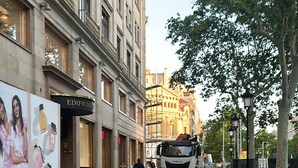 Eine Straße mit einem großen Gebäude links, einem Lkw in der Mitte und Bäumen rechts.
