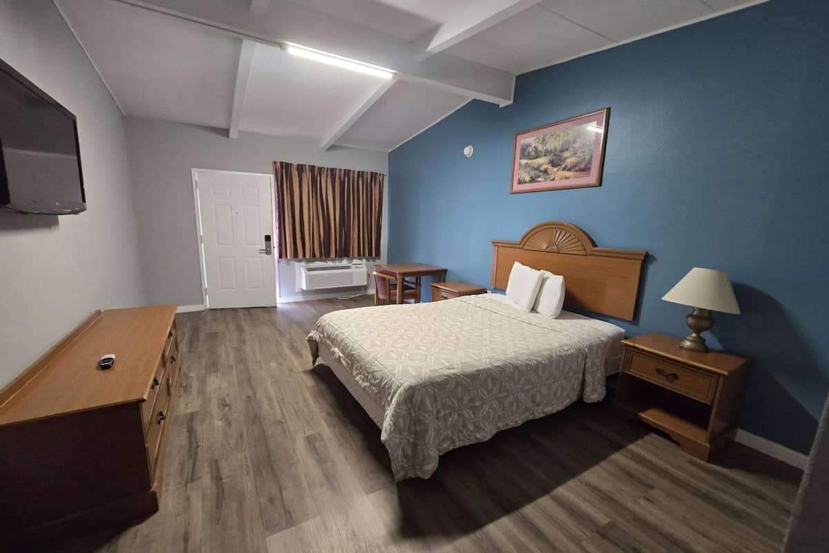 A bedroom with a bed, bedside tables, a lamp, a TV, a door, and a window with curtains.
