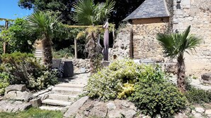 Ein Steinhaus mit einem Vorgarten, inklusive Treppen, einer kleinen Gartenhütte und verschiedenen Pflanzen.