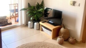 Olohuone, jossa on televisio, huonekasvi ja punottu kori.