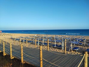 Une plage bordée de rangées de chaises de plage et de parasols à rayures bleues et blanches, de promenades en bois et, au loin, l’océan.
