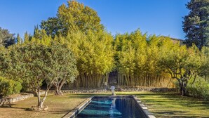 A rectangular pool with clear water, surrounded by a stone wall and lush greenery.